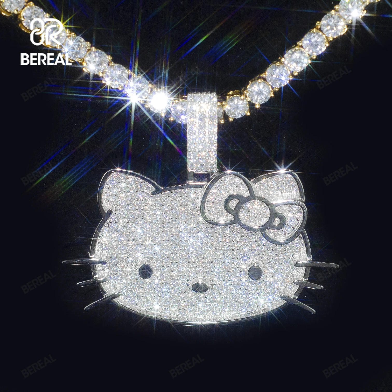 Мужской кулон Vvs Moissanite Hello Kitty в стиле хип-хоп со льдом 925 Серебряный Круглый бриллиантовый бижутерия