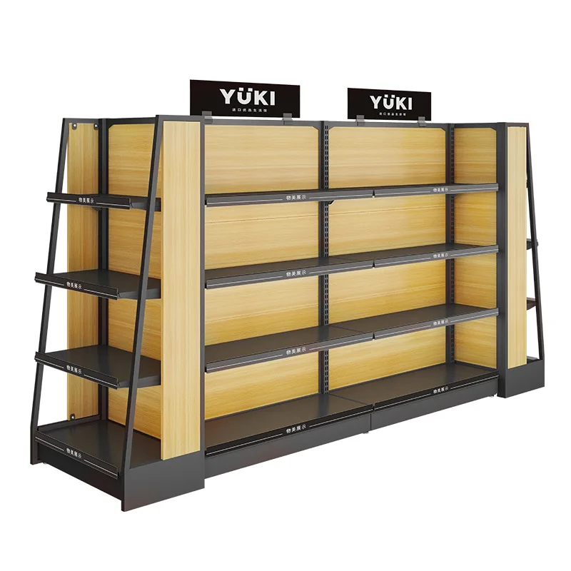 Wholesale steel and wood supermarket display shelves, boutique convenience store double-sided cabinets, pharmacy display shelves