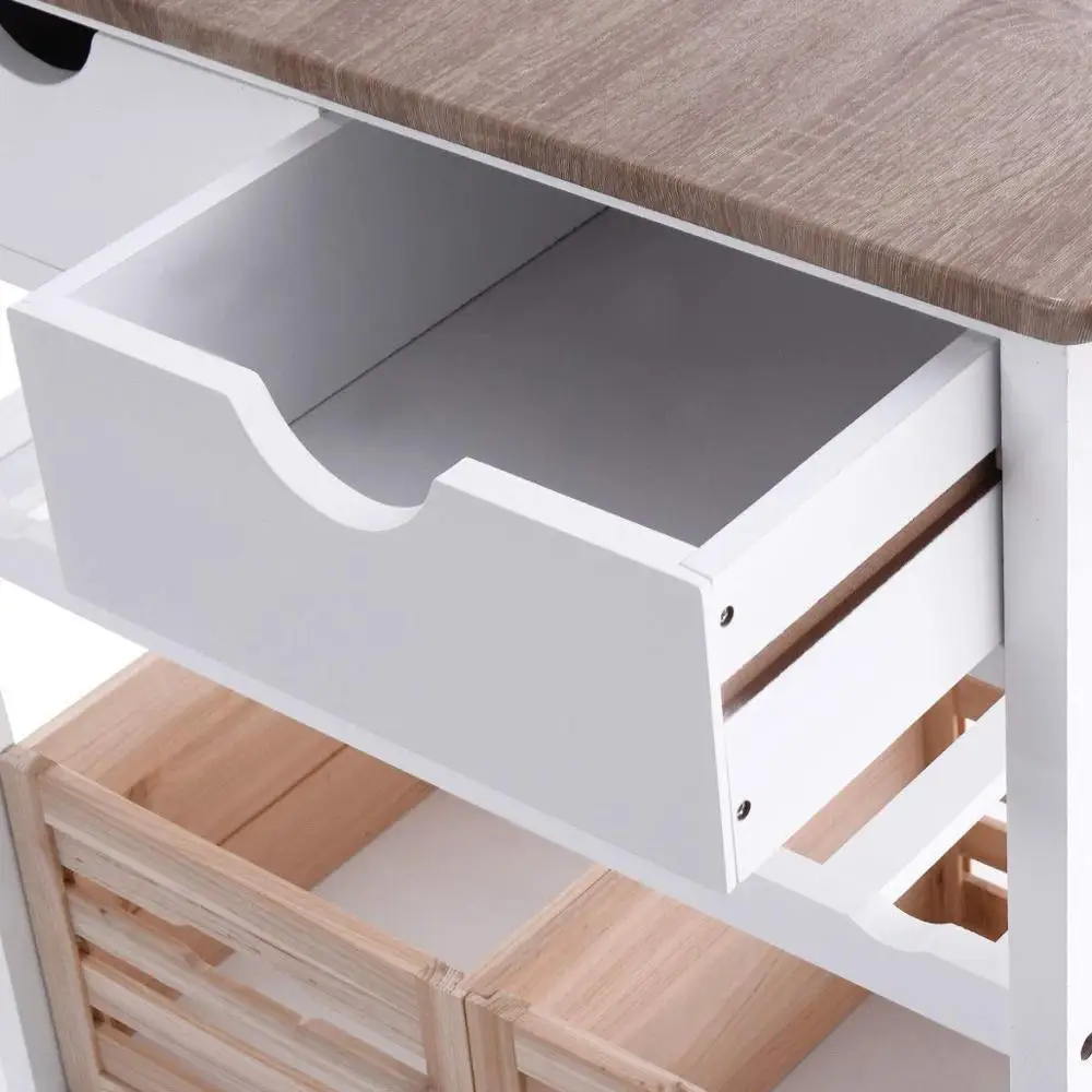 Folding Dining  Rolling Wheels Kitchen Island Storage Utility Cart Portable Trolley Stand with Storage Wooden Basket