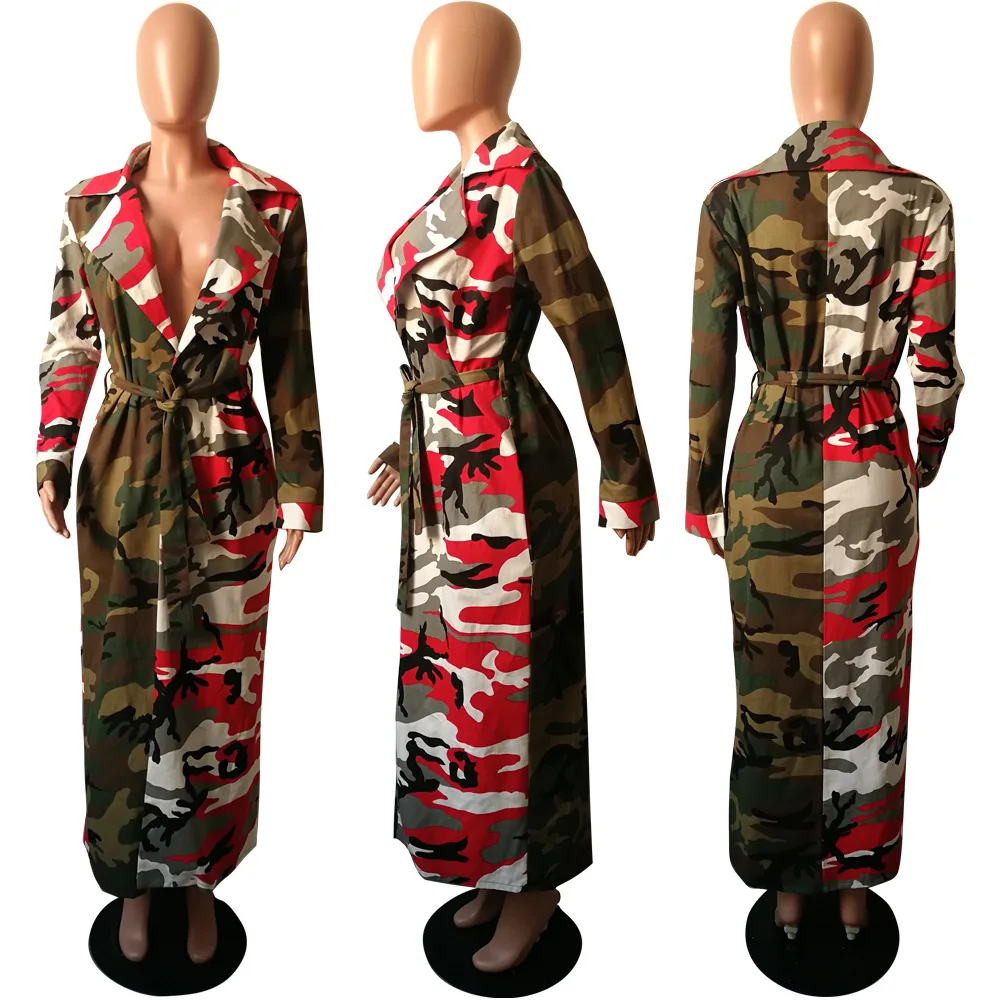 Wholesale Ladies Outdoor Wear Turn Down Collar Belt Camo Patchwork Trench Coat Women Long Windbreaker Jacket