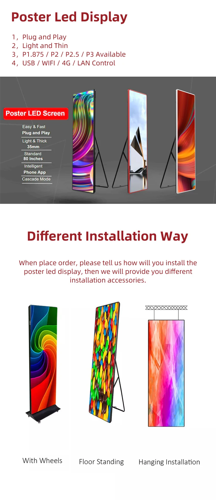 Indoor P1.8 P2 P2.5 P3 Floor Standing screen digital hd led poster display screen video wall pantallas led for events