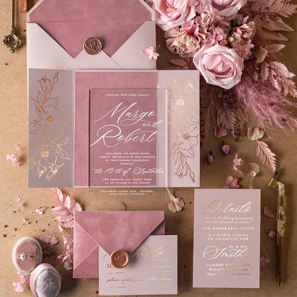 Quality Choice Pink Velvet Envelope Extravagant Wedding Invitations Vellum Floral Acrylic Design Wedding Invitation