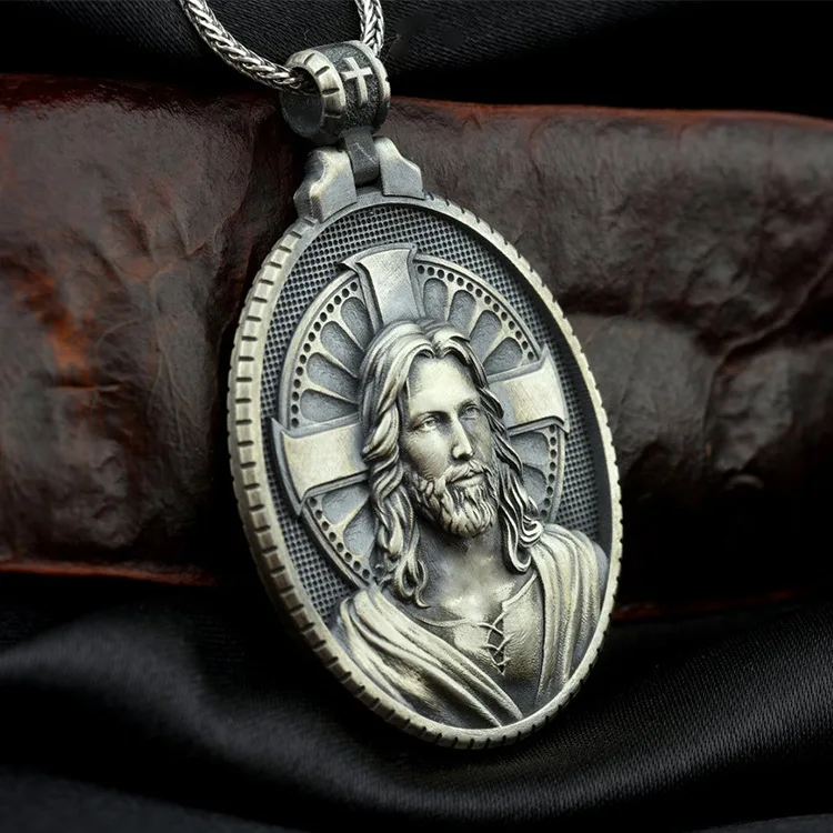 Christian Jesus Men Pendant Catholic Cross Necklace Retro Religious Medal Necklace