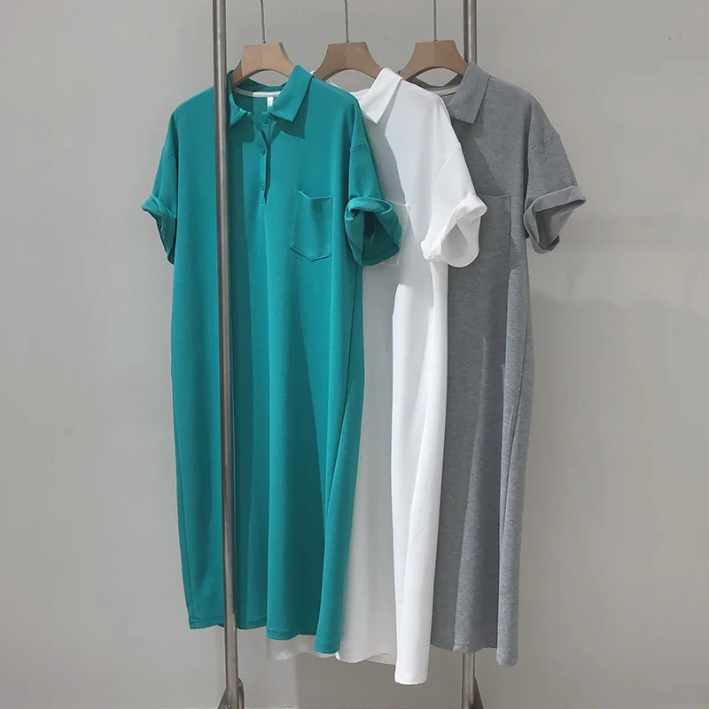 Midi Cotton Tshirt Dress Short Sleeve Loose Sweatshirt Dress Wholesale Blank Custom Logo Polo Collar Casual Women Summer Knitted