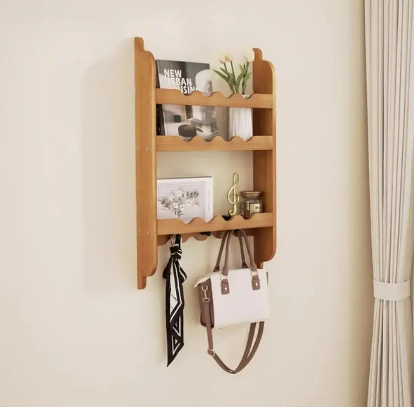 Wholesale Wall Mounted Floating Wooden Magazine Rack Display Shelf with Hooks