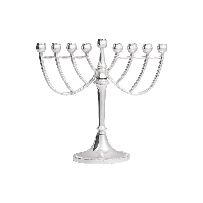 Traditional Classic Hanukkah Menorah Silver Plated Chanukah Jewish Candlestick Holder Metal Stemmed Judaica 9 Branch Menorah