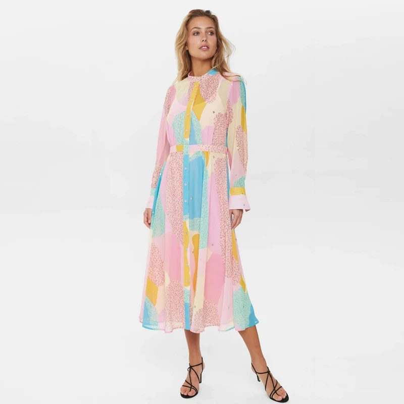 Cheap custom printed new leopardd printed fashion button up a-line long sleeve chiffon shirt elegant summer casual dresses