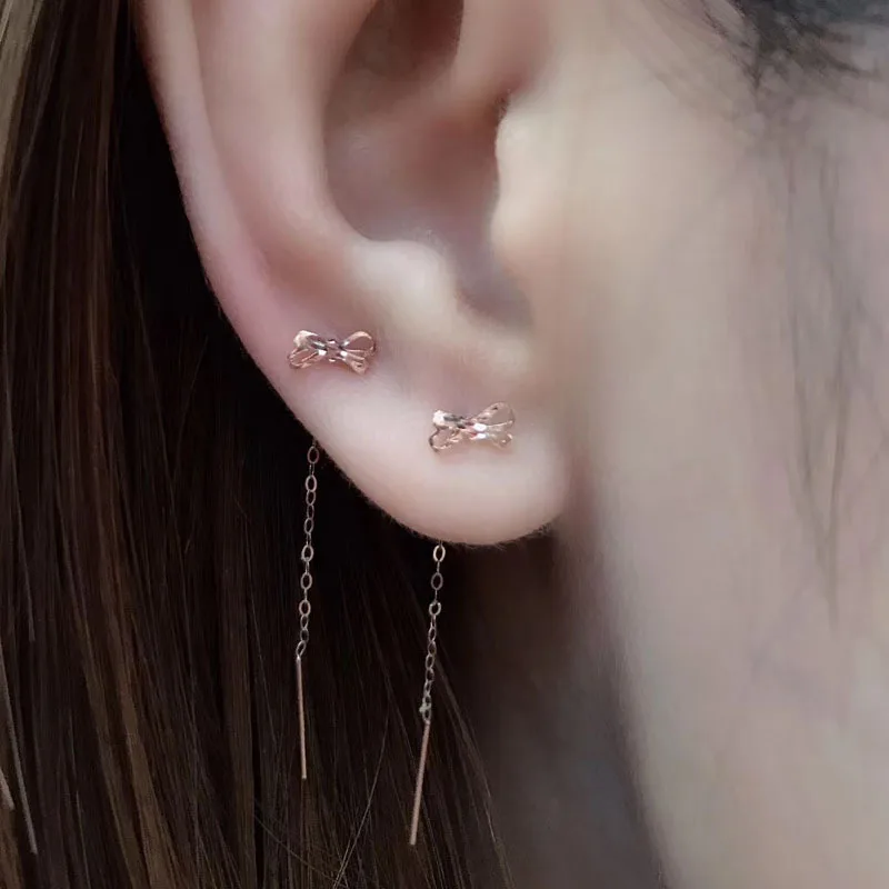 Gold Jewelry Real 18K Gold Bow Stud Earrings Au750 Earrings Tassel Earrings