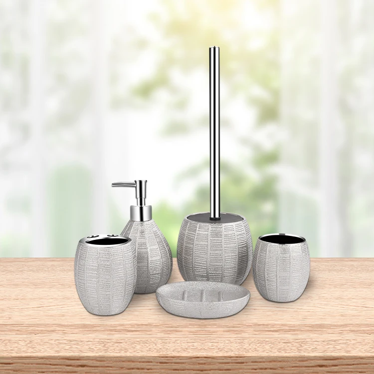 5-Pc Porcelain Plating Texture Bathroom Accessories Set Silver Ceramic Bathroom Accessory Set