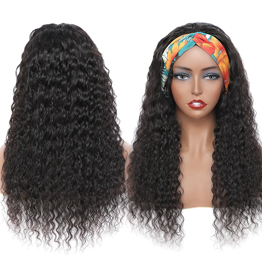 100% кутикулы выровненные человеческие волосы парики с шарфом индийская повязка парик человеческие волосы для черных женщин оптовая продажа глубокая волна парик повязка