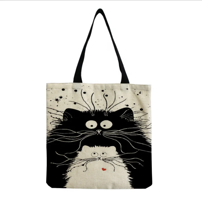 KY Customized Cute Cat Printing Women Handbag Linen Totes with Print Logo Casual Traveling Beach Bags
