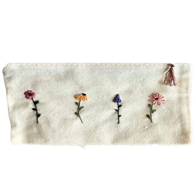 Wildflowers Hand Embroidered Canvas Pouch with Zipper Cosmetic Bag Pencil Case Wallet Toiletry Bag