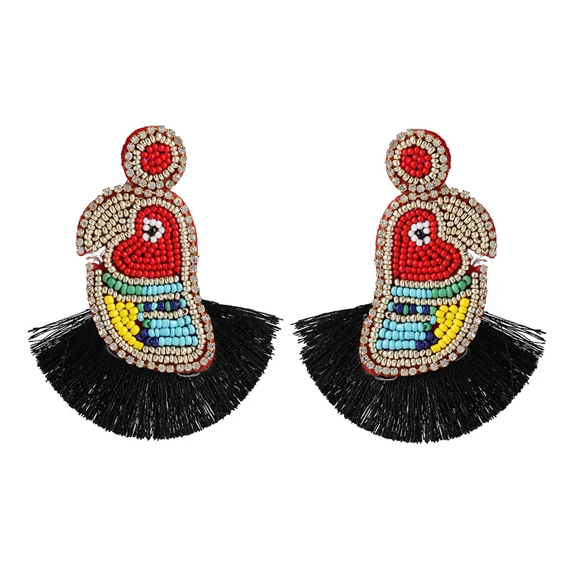 Statement Ethnic Bohemian Seed Beads Parrot Bird Tassel Long Drop Earring for Women Handmade Fashion Jewelry Accessories