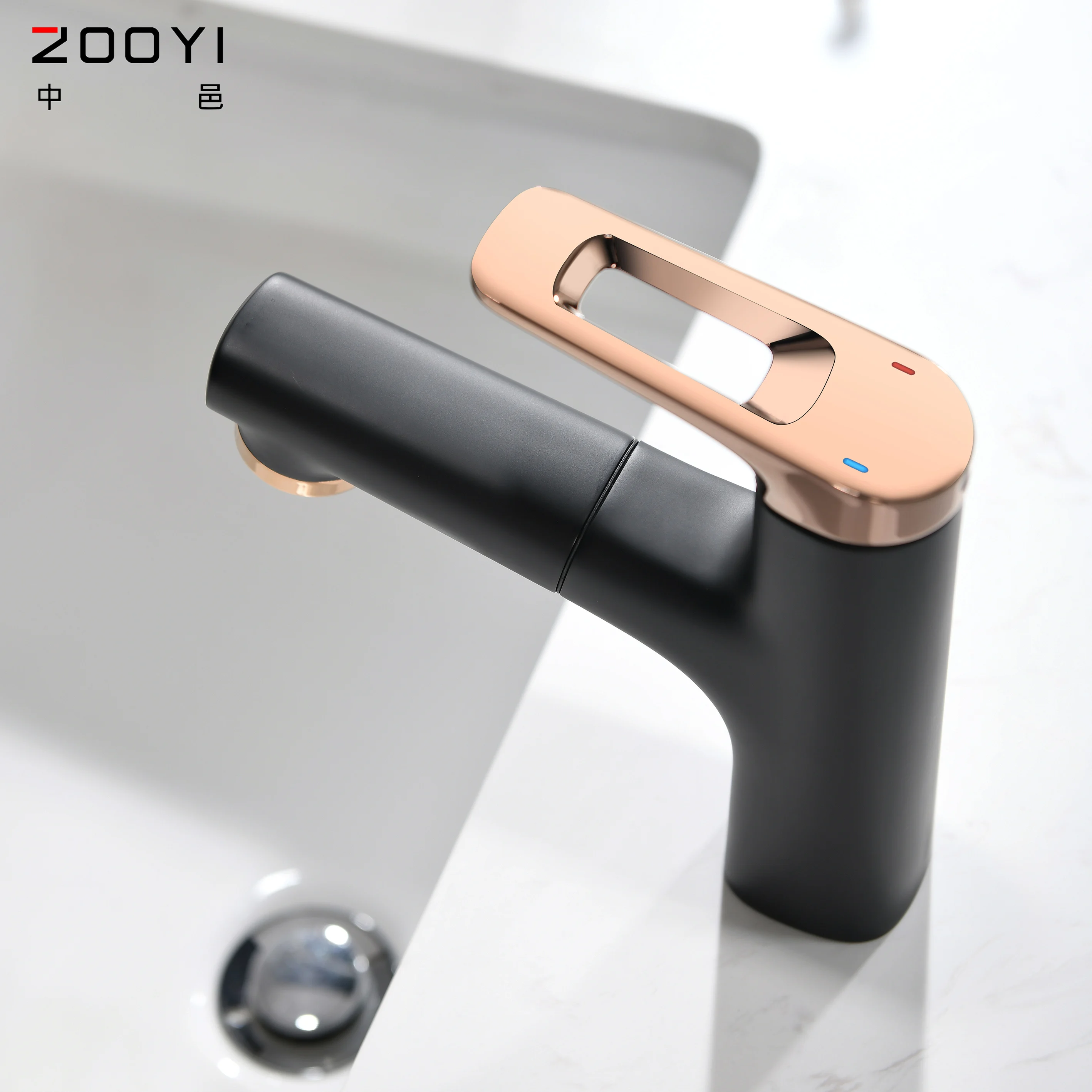 ZOOYI Factory supplier Contemporary Black Brushed Gold  Chrome pull-out  basin faucet
