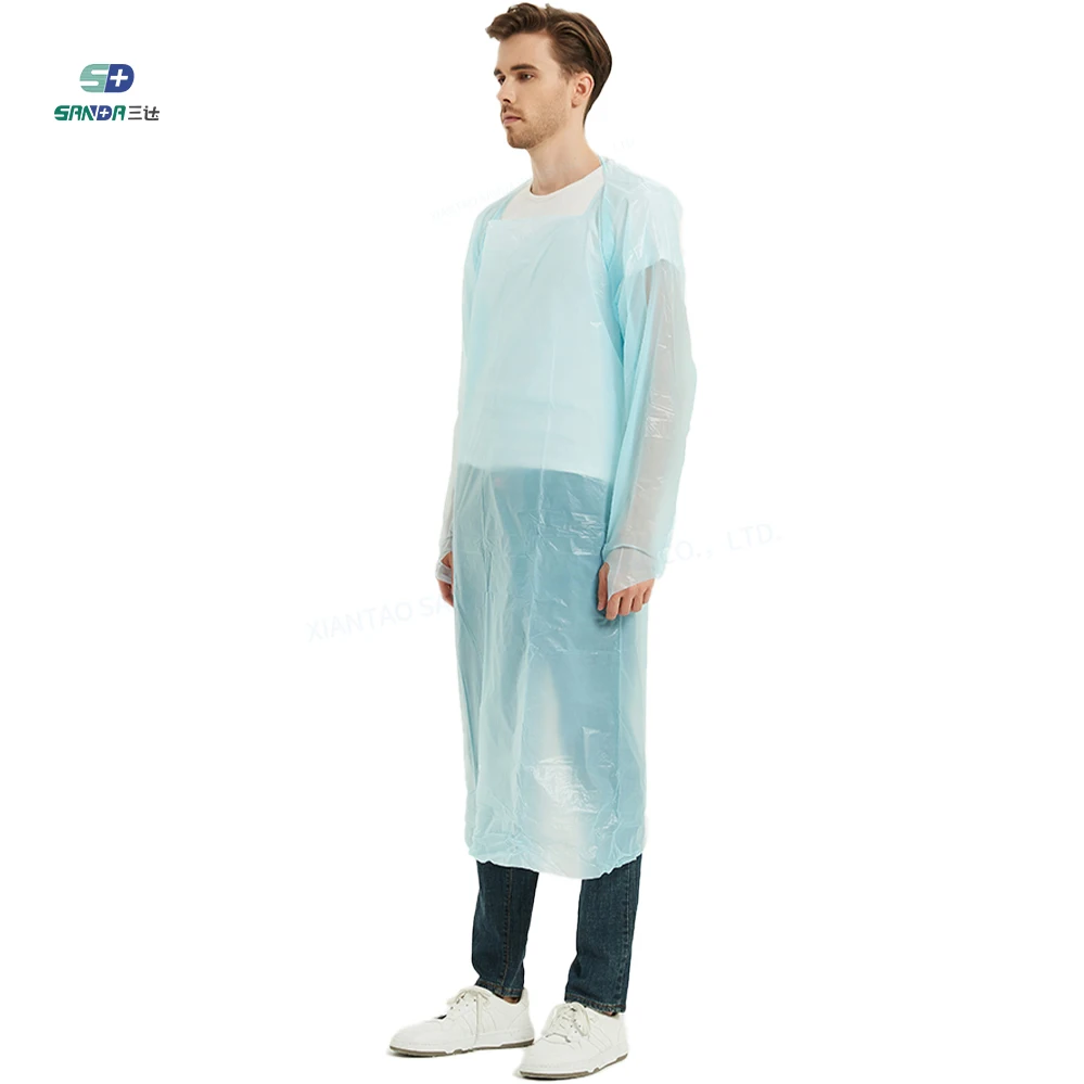 Wholesale Back-opening Light Blue Waterproof Plastic Apron Polyethylene Medical Disposable CPE Isolation Gown