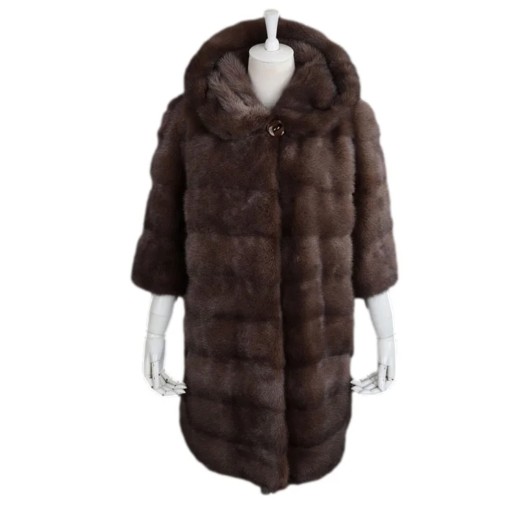 Fashion Natural Brown 90 cm Hooded Long Mink Fur Coat for Women