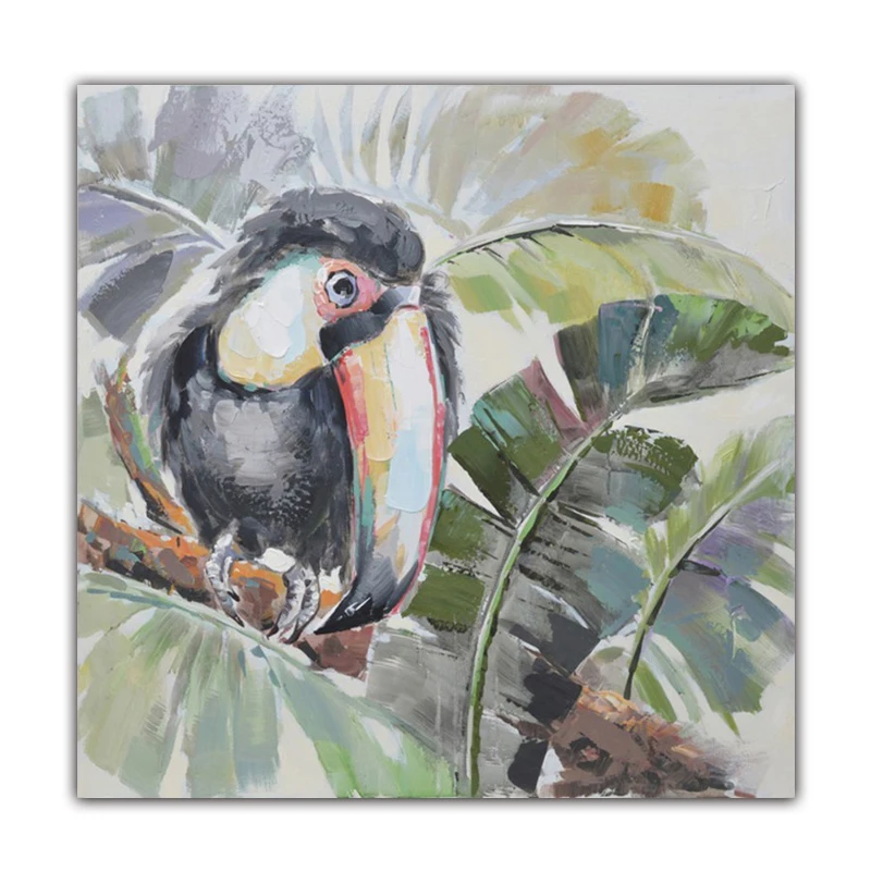 Modern handmade animal oil painting square bird on the tree painting on canvas for home decoration