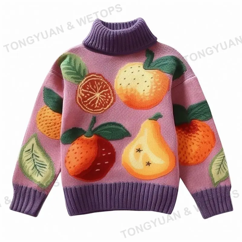 Fashionable Colorful Toddler Girls Fruit Pattern Mock Neck Sweater 2025 Autumn Winter