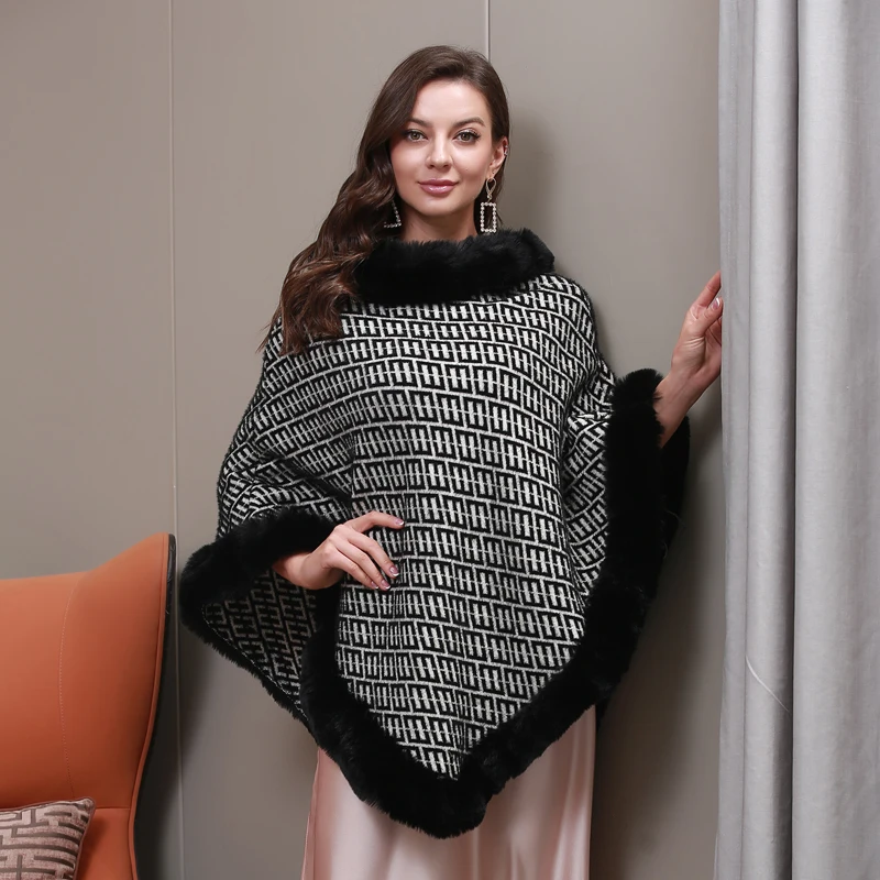 Fall And Winter Of Fashionfaux Fur Trim Cape Quality Fabric Fox Fur Trim Women Cape Coat Faux Cashmere Fur Shawl poncho shawl