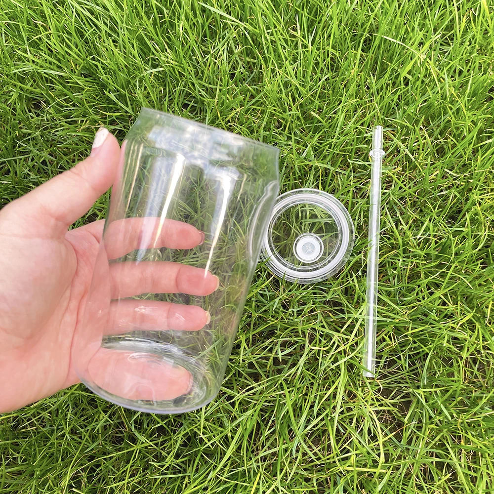 Elegant Shaped Drinking Glasses Clear transparent 16 oz PET Plastic Beer Can Glass with pp lid and straw for UV DTF transfer