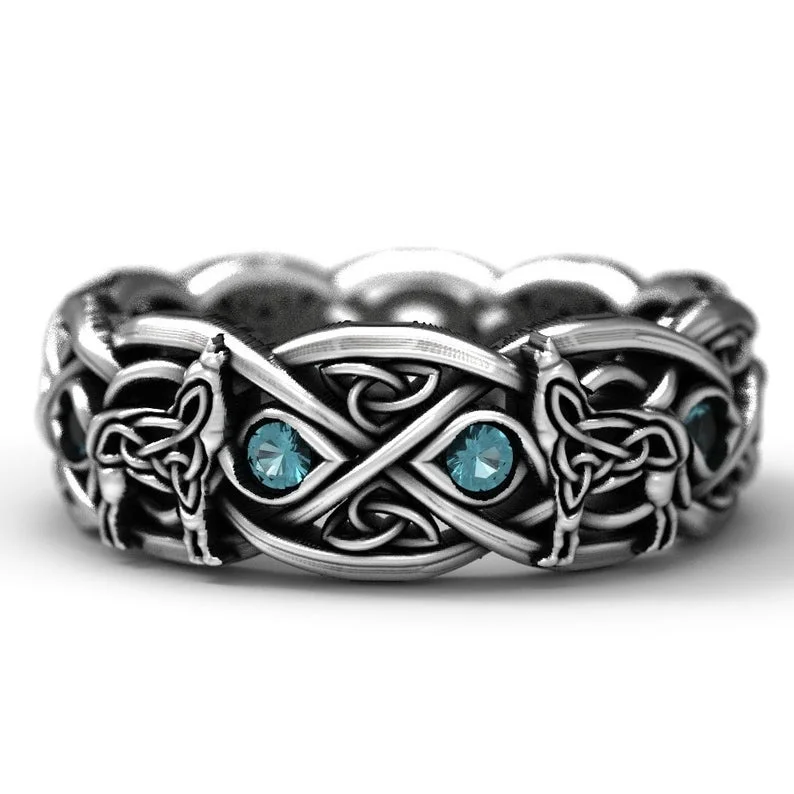 Huitan Double Wolves Vintage Carved Tiny Zircon Rings Rock Hip-hop Weave Ring for Women Men Accessories Fashion Band Ring