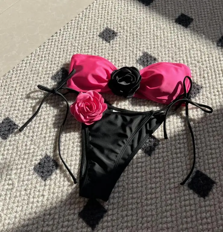 JUST ARRIVALS STOCK 13Colors 3D Print FLOWER Bandeau Top Swimsuit Sexy Ladies Cheap Mini Bikini Set