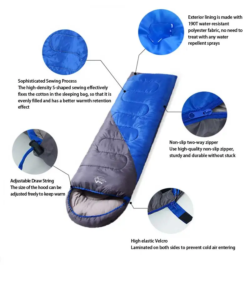 Good Quality 3 Seasons Outdoor Glamping Ultra Light Hollow Cotton Camping Single Adult Compact Envelope Sleeping Bags