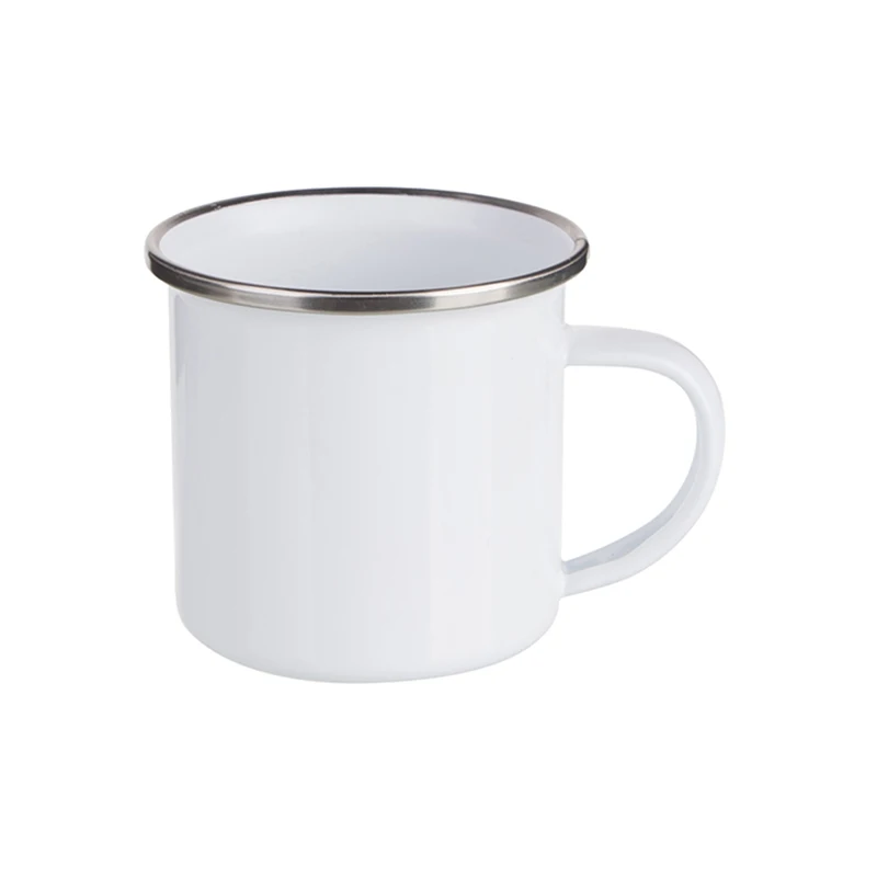 12oz outdoor white color blank custom logo brand printed stainless steel rim ceramic enamel mug for sublimation