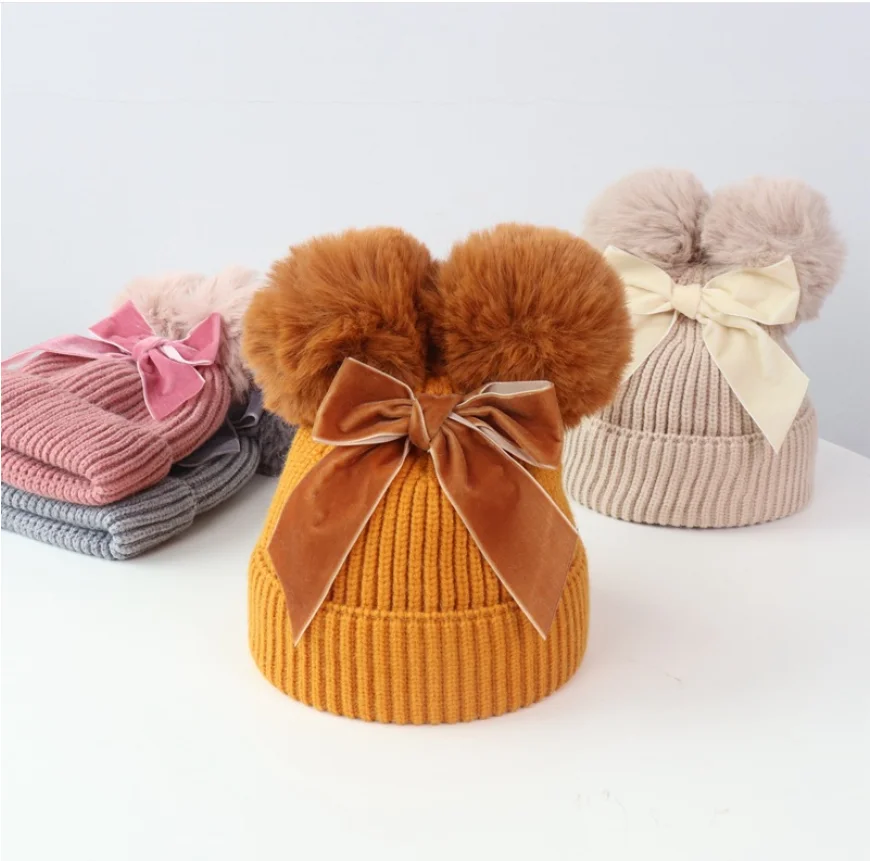 Luxury velvet bow 2 fur balls baby hats winter warm knitted beanie winter hats for girls