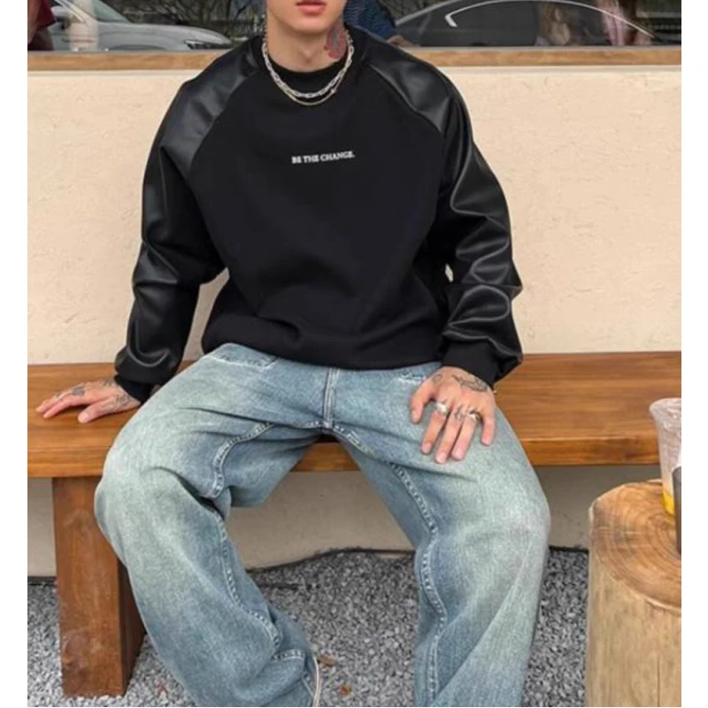 Wholesale Oversized Crewneck blank Sweatshirt With Leather Patches Custom Logo Drop Shoulder Plain Pullover Sweatshirt