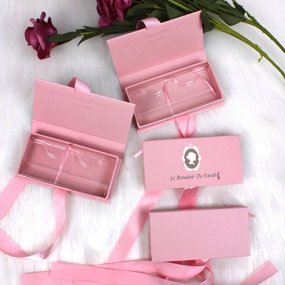 B627 false eyelashes packaging custom logo empty light pink eyelashes packaging box with ribbon wholesale