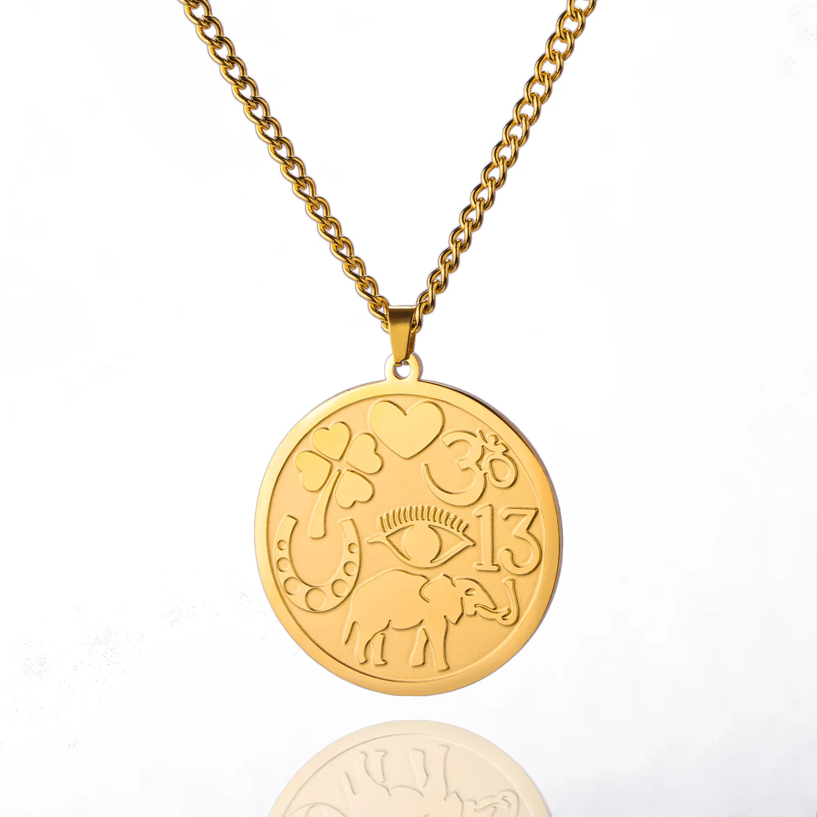 Wholesale  Good Luck  Elephant Medallion Necklace Powerful Protection Amulet Ohm Symbol Horseshoe  Stainless Steel Necklace