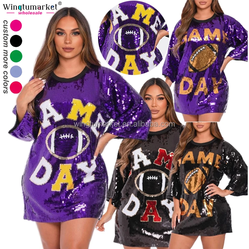 Wholesale cheerleading uniforms glitter t shirt mini dress tiger orange red woman game day sequin football women dresses