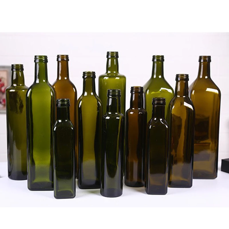Empty 100ml 250ml 375ml 500ml 750ml Dark Green Cylinder Olive Oil Vinegar Glass Bottles With Aluminum Cap