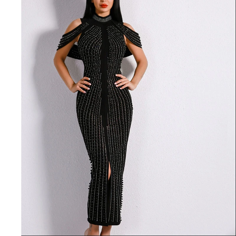 Sexy Falling Shoulder Pearl Bead Elegant Female Dress Small Split Evening Dress