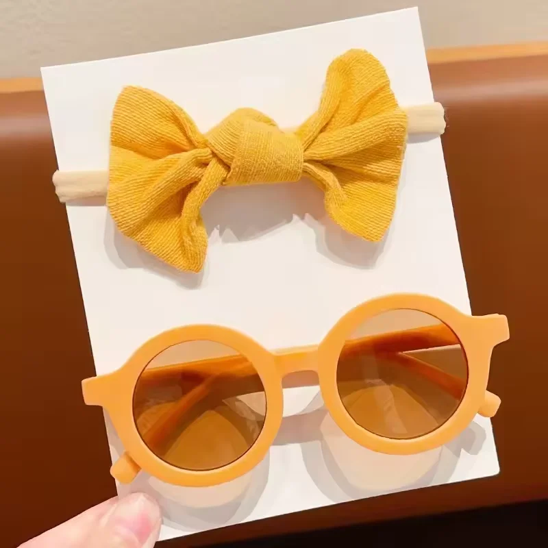 Low Price 2pcs/set Sunglasses With Elastic Hair Bands Nylon Baby Headband Design Round Sun Glasses Kids Puff Bow Headwear