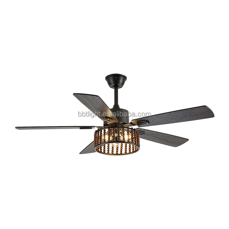 European style big wind fan light wooden leaf retro home with light remote control inverter ceiling fan