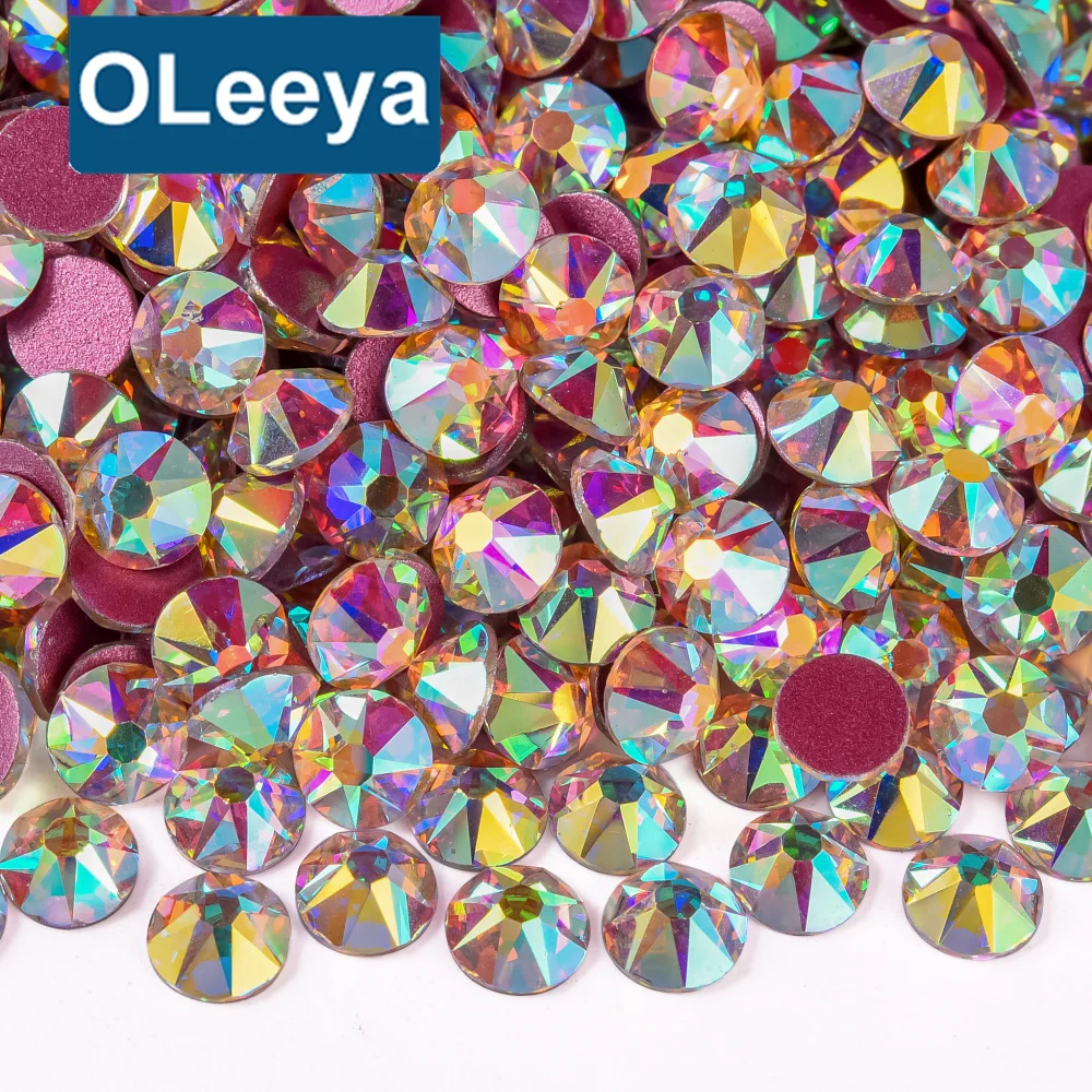 Oleeya 16-Cut Crystal AB Color Glass Non-Hot Fix Rhinestone Flat Back Strass Nail Art Shoes Bikini Dresses DIY