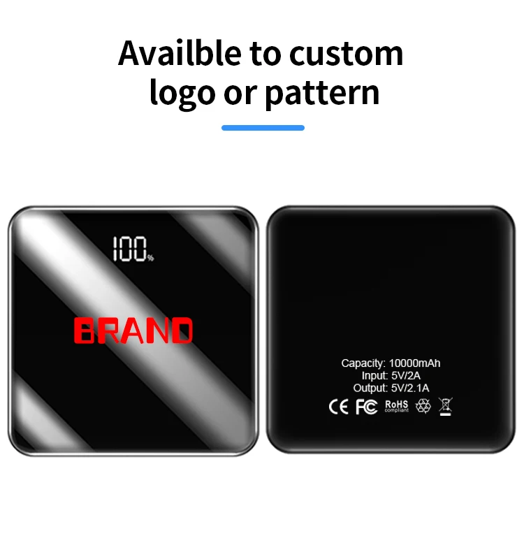 емкость мобильное зарядное устройство квадратный портативный тип C ЖК-Зеркало экран 10000mAh банк питания с сертификатом