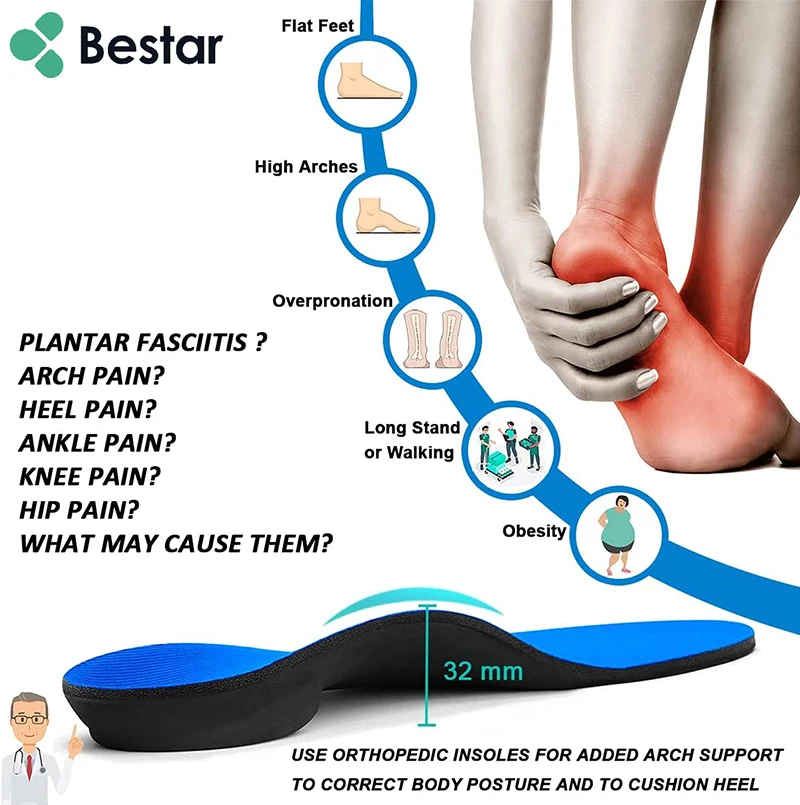 Bestar Wholesale Custom Comfort Eva High Arch Support Sports Orthotic Insoles for Flat Feet