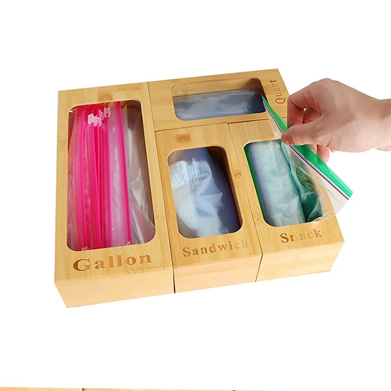 Set of 4 Food Storage Bag Organizers , Bamboo Ziplock Bags Holders for Gallon, Quart, Sandwich