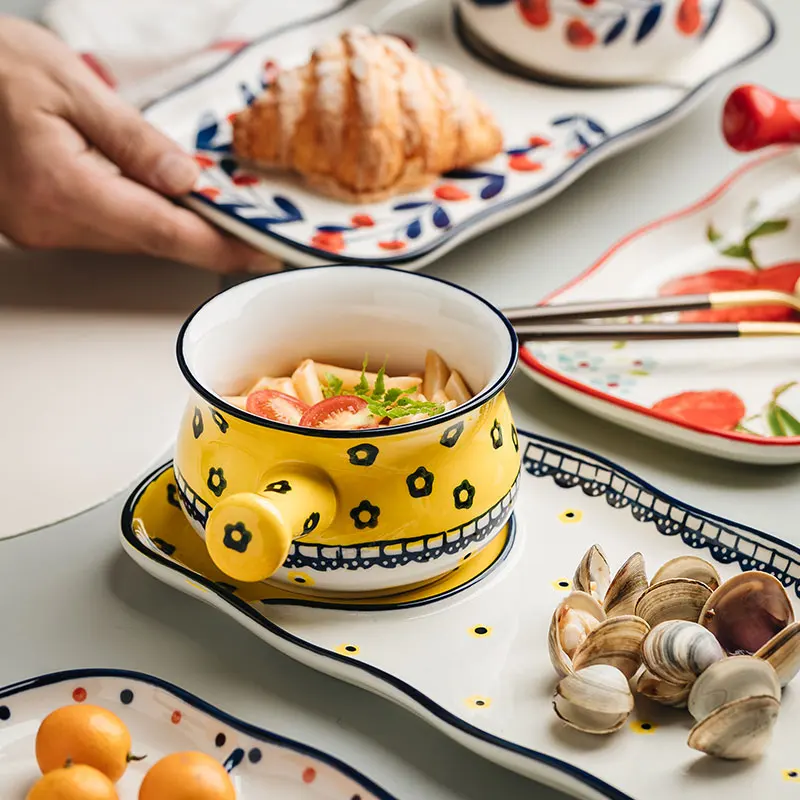 
Jade-cer ceramic bowl plate breakfast set soup milk cereal bowl with handle plate bread tableware set under-glazed 