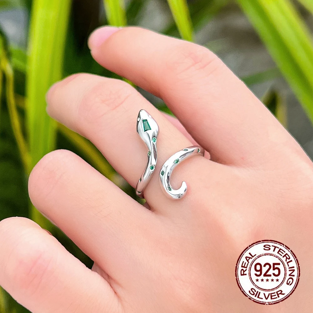 Fashion Design Cubic Zirconia Diamond 925 Sterling Silver Snake Ring Woman Bulk Resizable Ope Size Thin Snake Rings for Lady