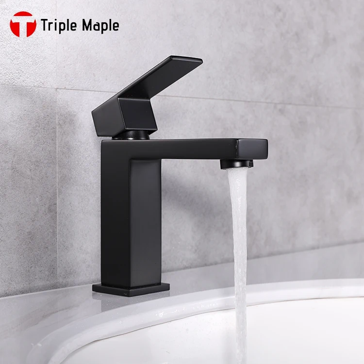 T Triple Maple New Arrival Matte Black Chrome Finish Single Hole Stainless Steel Bathroom Vanity Sink Faucet