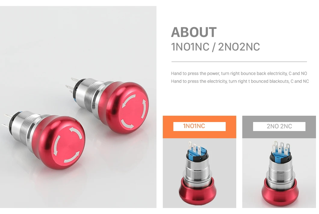 19mm Waterproof Metal Latching Emergency STOP Mushroom Push Button Switch 1NO 1NC  Rotary Switch