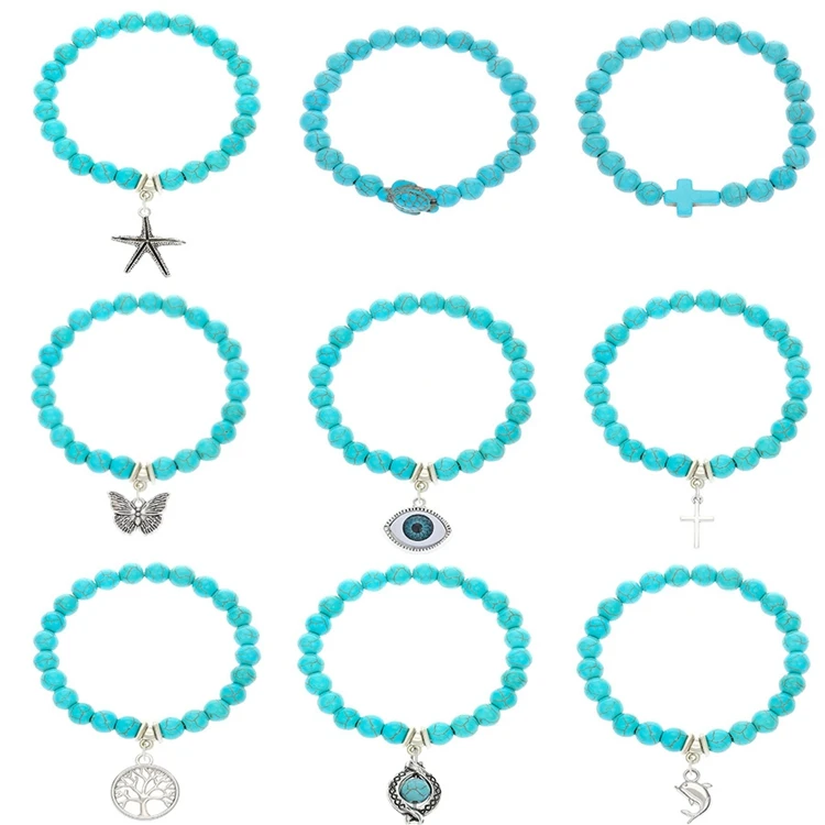 QW-127 Turtle Bird Eye Round Cross Owl Pendant Hand Jewelry Metallic Alloy Metal Elastic Ethnic Green Turquoise Beads Bracelet