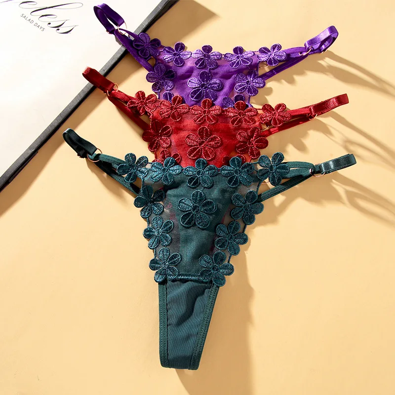 Japanese Desire sweet Embroidered Underwear Hollowed Out Transparent Thin Pattern  Hot Transparent Temptation Adjustable Thong