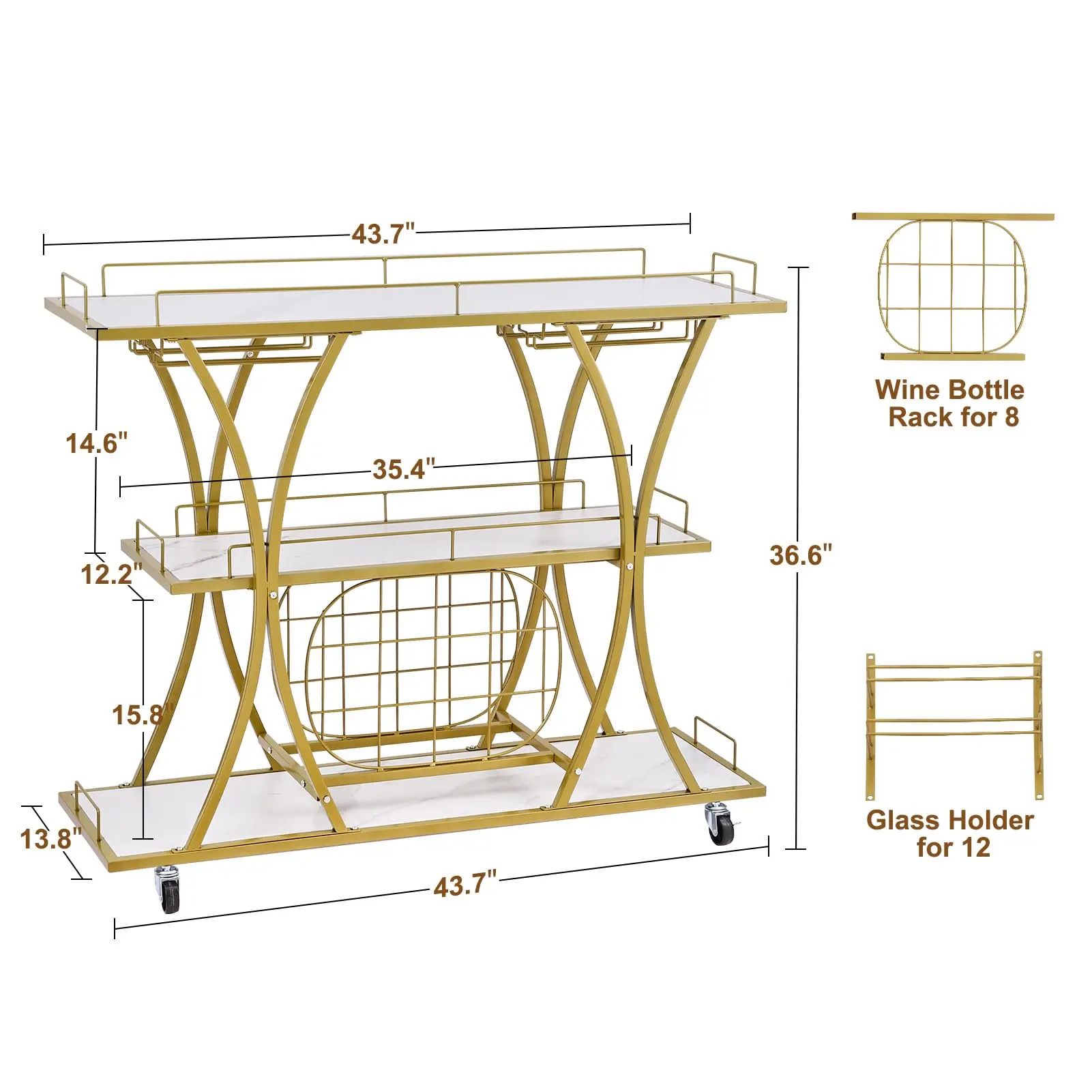Serving Cart with Glass Holder and Wine Rack, 3-Tier Kitchen Trolley with Tempered Glass Shelves and Gold-Finished Metal Frame