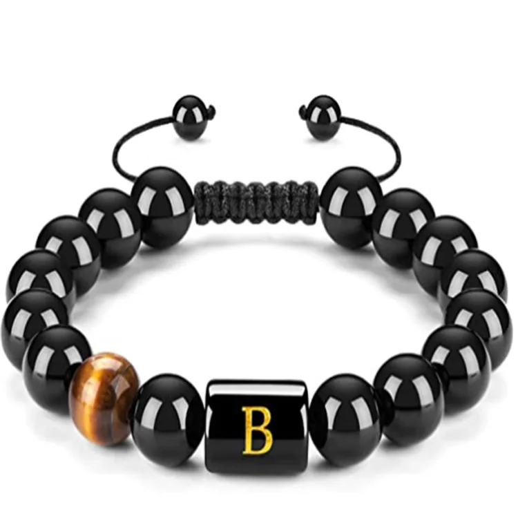 Fashion 26 Letters Tiger Eye Black Onyx Stones Beads Bracelet for Women Men