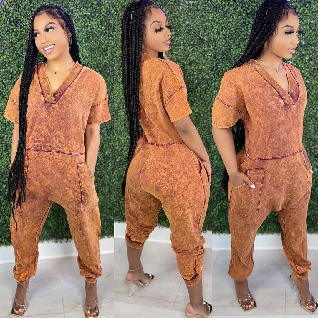 MDJP04-2202 2022 New Product Tie Dye Rompers Comfortable Loose V Neck Short Sleeve Women One Piece Sets Jumpsuits